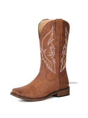 Women's Square Toe Western Cowboy Boots Embroidered Pull On Mid Calf